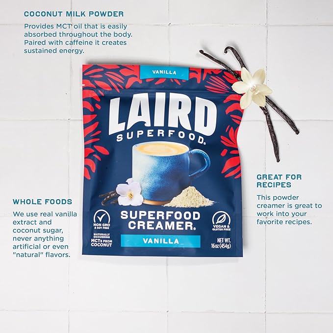 Laird Superfood Non-Dairy Original Superfood Vanilla Coconut Powder Coffee Creamer, Gluten Free, Non-GMO, Vegan, 8 oz. Bag, Pack of 1