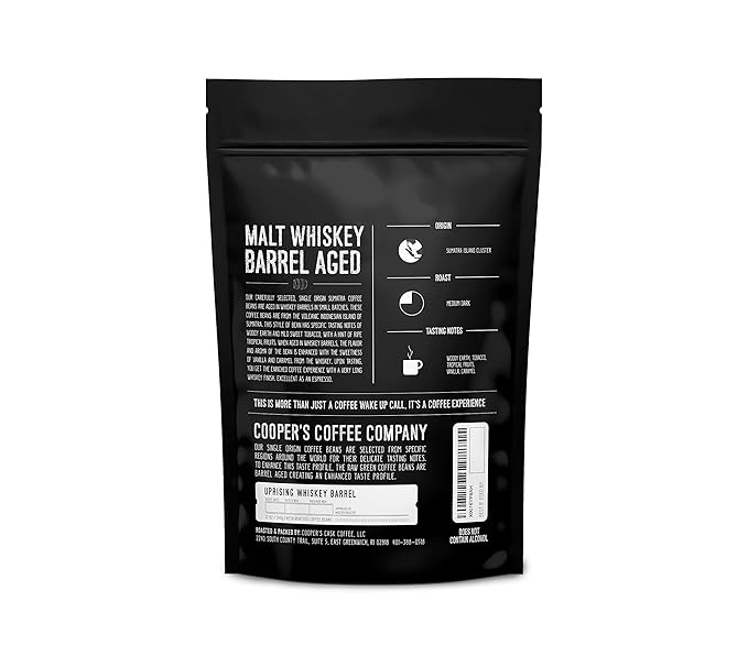 Single-Malt Whiskey Barrel Aged Coffee - Ground - Sumatra Beans Aged in Stout Whiskey Barrels -12 oz
