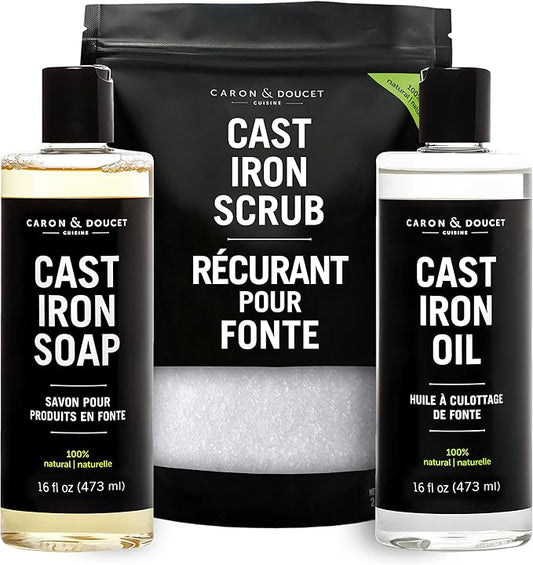 CARON & DOUCET ??Ultimate Cast Iron Set PLUS: Seasoning Oil, Cleaning Soap & Restoring Scrub | 100% Plant-Based & Best for Cleaning Care, Washing, Restoring & Seasoning Skillets, Pans & Grills!
