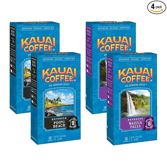 Kauai Coffee Espresso Pods Compatible with Nespresso Original Coffee Makers – 10% Hawaiian Arabica Coffee – Medium & Dark Roast Variety Pack – Poipu Beach and Wailua Falls, 4 Packs of 10 Espresso Pods