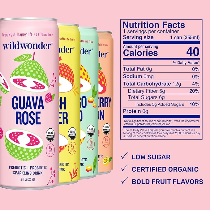 wildwonder Sparkling Probiotic Drink 12pk, For Gut Health & Immune Support, Classic Variety Pack, 5g Prebiotic Fiber, Live Probiotics, Organic, Vegan, Low Sugar, 12 Pack, 12oz Can, Seen on Shark Tank
