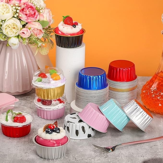 120 Pcs Aluminum Foil Baking Cups Mini Cake Pans with Lids 5 oz Cupcake Liners Disposable Muffin Tins Wrappers Baking Foil Ramekins Pans Aluminum Cupcake Cups for Birthday Party(Multicolor)