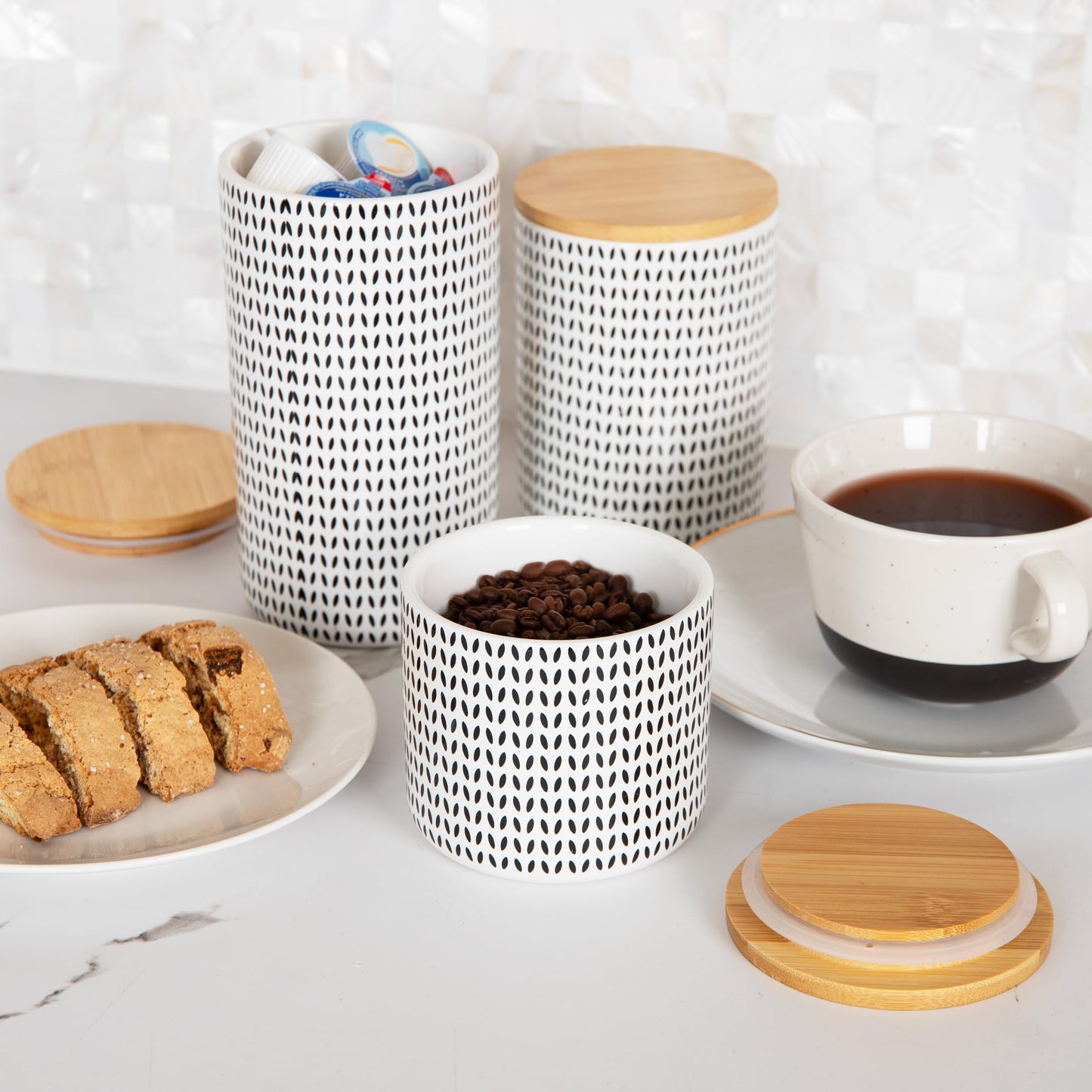Mind Reader 3-Piece Canister Set, Sugar Container, Coffee Storage, Lids, Kitchen, Ceramic, 4"L x