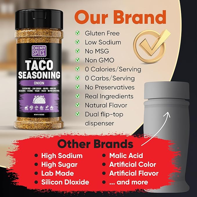 Taco Seasoning Mix Onion Powder - Gluten Free & Low Sodium Mexican Seasoning Blend for Taco Tuesday Night. Onion Salt Spices Mix for Fajita & Burrito. Meat, Chicken & Fish Tacos Seasonings. 4.7oz