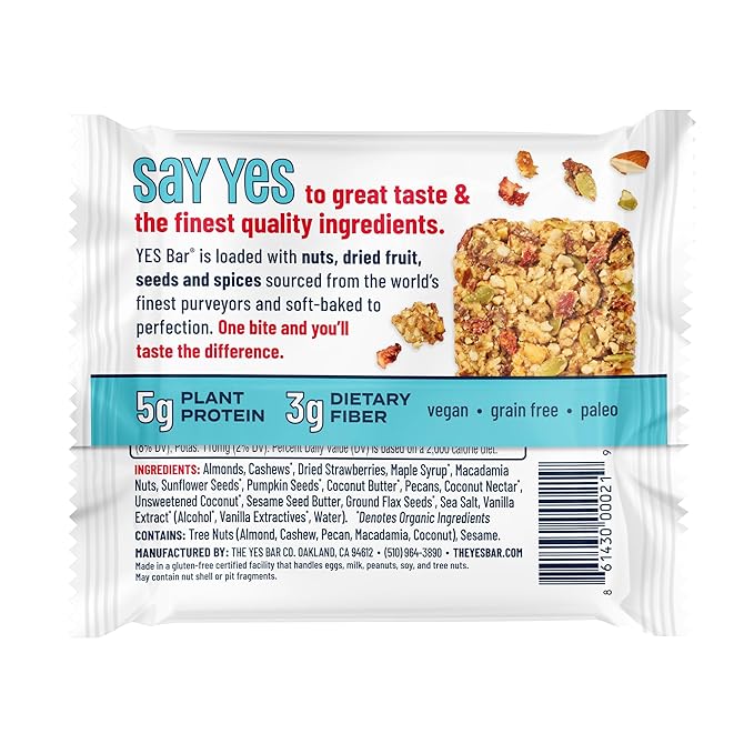 The YES Bar ??Strawberry Coconut ??Plant Based Protein, Decadent Snack Bar ??Vegan, Paleo, Gluten Free, Dairy Free, Low Sugar, Healthy Snack, Breakfast, Low Carb, Keto Friendly (24 Count)