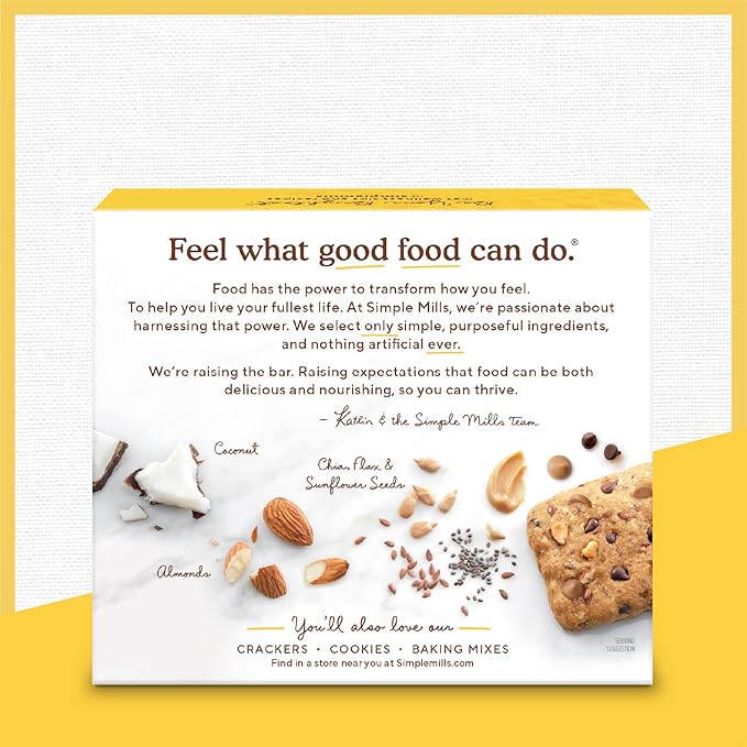 Simple Mills Almond Flour Snack Bars, Peanut Butter Chocolate Chip - Gluten Free, Made with Organic Coconut Oil, Breakfast Bars, Healthy Snacks, 6 Ounce (Pack of 1)