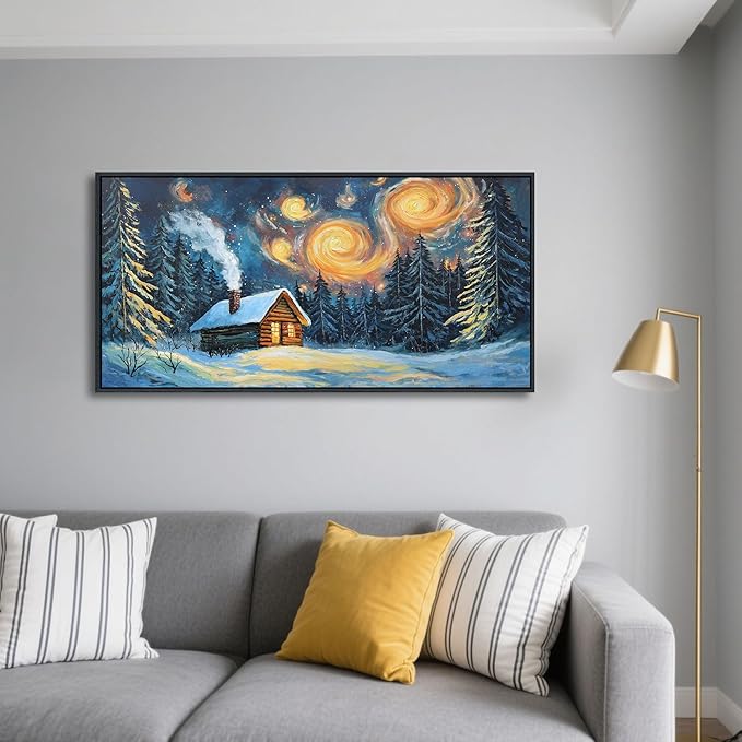 QZQCBLC Green Forest Wall Art, Farmhouse Hut Snow Scene Pictures Abstract Landscape Canvas Rustic Painting Artwork for Living room Bathroom Bedroom kitchen Home Office Decor 20x40 IN