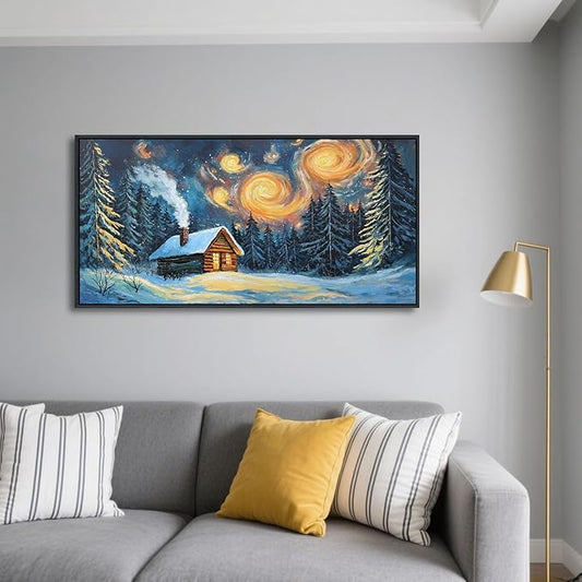 QZQCBLC Green Forest Wall Art, Farmhouse Hut Snow Scene Pictures Abstract Landscape Canvas Rustic Painting Artwork for Living room Bathroom Bedroom kitchen Home Office Decor 20x40 IN