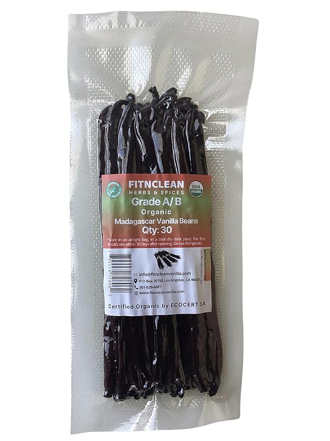30 Organic Madagascar Vanilla Beans Grade A/B. Certified USDA Organic. 5"-7" by FITNCLEAN VANILLA. Bourbon Fresh Whole NON-GMO Pods