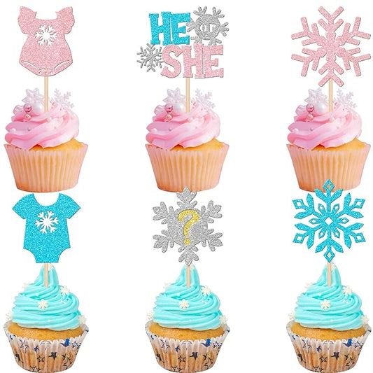 24 PCS Snowflake Gender Reveal Cupcake Toppers Pink Blue Glitter He or She Snowflake Cupcake Picks Boy or Girl Cake Decorations for Gender Reveal Theme Baby Shower Kids Birthday Party Supplies