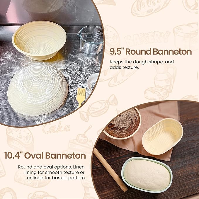 Banneton Bread Proofing Basket - 9.5 Inch Round & 10.4 Inch Oval Foldable Proofing Baskets Set of 2 with Liners for Professional & Home Artisan and Starter Kit with Bread Making Tools, Yellow