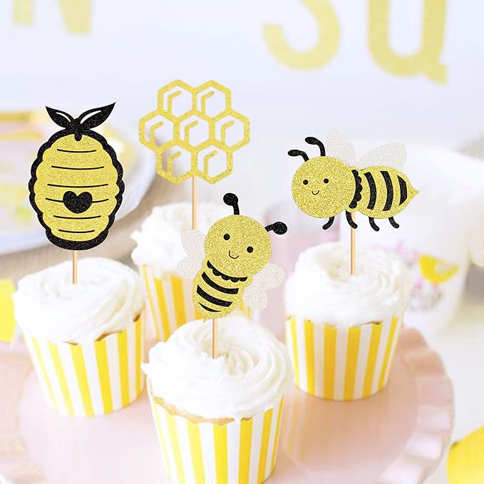 Pack of 24 Bumble Bee Cupcake Toppers Glitter Bee Gender Reveal Honeycomb Cupcake Picks Baby Shower Birthday Party Cake Decorations Supplies