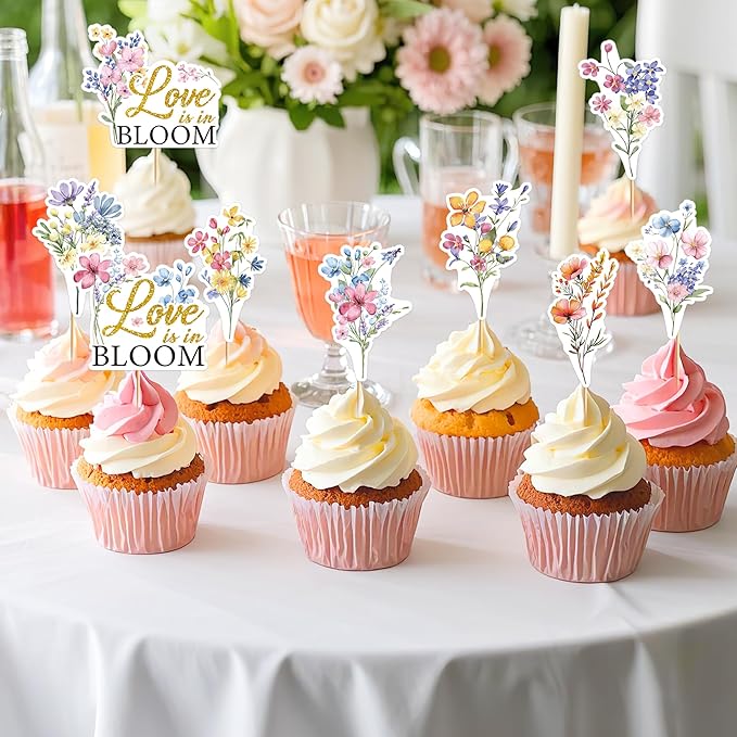 24 Pcs Love is in Bloom Cupcake Toppers, Love in Bloom Bridal Shower Cupcake Decorations, Flower Theme Party Supplies, Engagement Wedding Cake Party Decor