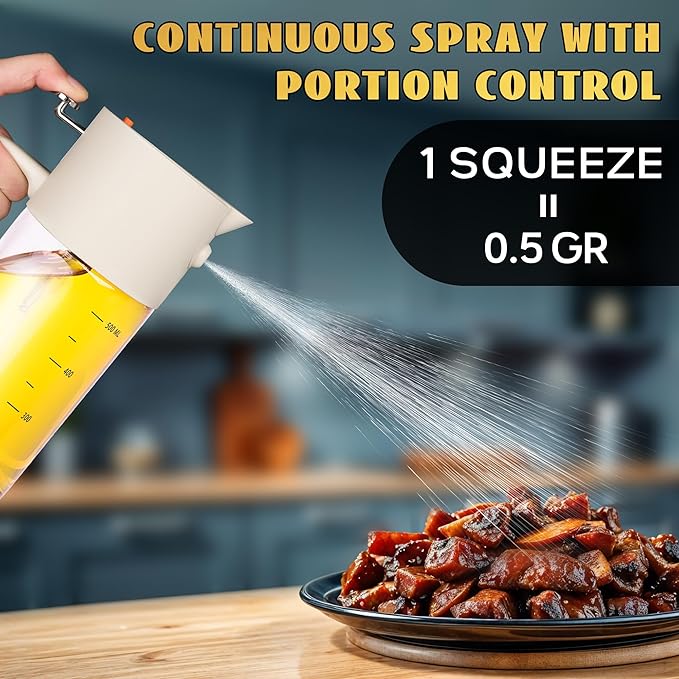 Oil Sprayer for Cooking, 2025 Large Advanced Olive Oil Dispenser Bottle,500ml/17oz Glass Olive Oil Sprayer,2 in 1 Even Spray with Portion Control for Kitchen, Air Fryer, Salad, BBQ - White