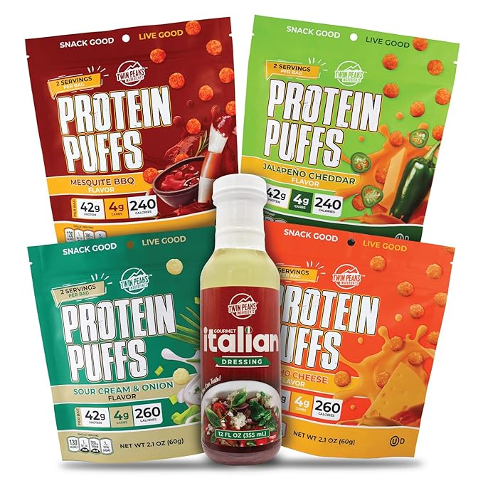 Twin Peaks Protein Puffs & Italian Dressing Starter Pack ??Low Carb, Keto-Friendly, High Protein, Gluten-Free Snack