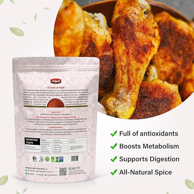 Arigold All-Natural 1LB Cayenne Pepper Powder | Natural Sun-Dried Red Pepper 100% Chemical-Free, Hot Spice 60,000-80,000 SHU | Non-GMO, Non-Irradiated, Additive Free, Gluten-Free | Perfect for Cooking ??Resealable Bag Bulk Cooking Seasoning.