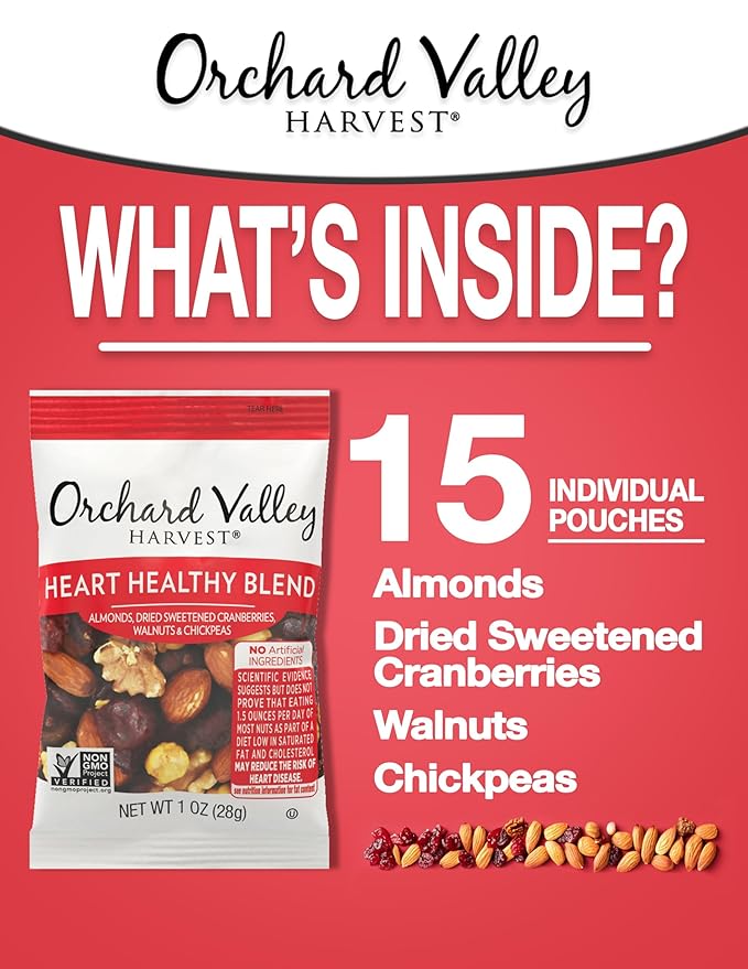 Orchard Valley Harvest Heart Healthy Blend, 1 Ounce Bags (Pack of 15), Almonds, Cranberries, Walnuts, and Chickpeas, Gluten Free, Non-GMO, No Artificial Ingredients, Healthy Snacks for Adults