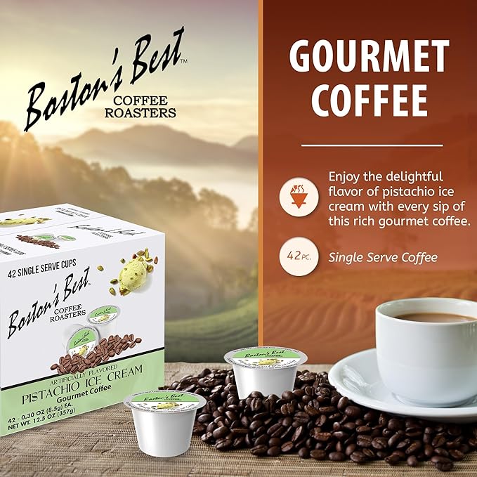 Boston’s Best - Pistachio Ice Cream Flavored Coffee Blend, Dessert Gourmet, Compatible with Keurig Coffee Maker, 1 Count (42 Single Serve Medium Roast Cups)