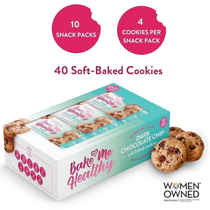 Bake Me Healthy Gluten-Free Cookies - Dark Chocolate Chip Cookies, 10 Snack Packs - Peanut Free, Gluten Free, Egg Free, Dairy Free, Top 9 Allergen-Friendly