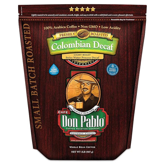 2LB Don Pablo Colombian Decaf Light Roast - Swiss Water Process Decaffeinated - Light Roast Whole Bean Coffee - Low Acidity - 2 Pound (2 lb) Bag