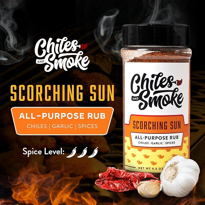 Chiles and Smoke - Scorching Sun All Purpose Seasoning for Chicken Thighs, Meats, Seafood & More, Hot Taco Seasoning with Spices, Low-Sodium Cooking Grilling Gifts, No Dairy, Gluten & MSG, 270 g