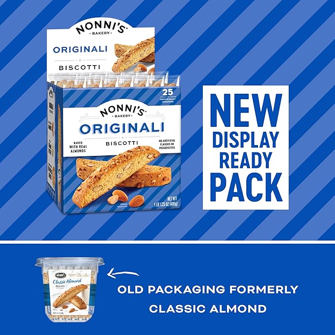 Nonni's Originali Classic Almond Biscotti Cookies ??Individually Wrapped Italian Coffee Snack, Crunchy Twice-Baked, 80 Cal Each, 17.25 oz Carton
