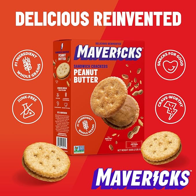 Mavericks Sandwich Crackers Peanut Butter - Plant-Based Peanut Butter Sandwich Snack Crackers, Whole Grain, Non-GMO - Back to School - 7 oz Boxes (Pack of 4)