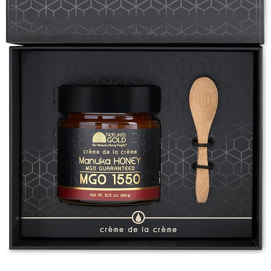 Nature’s Gold Manuka Honey MGO 1550+ Gift Set with Wooden Spoon | 10.5oz (300g), 100% Pure Genuine Traceable Hive to Home