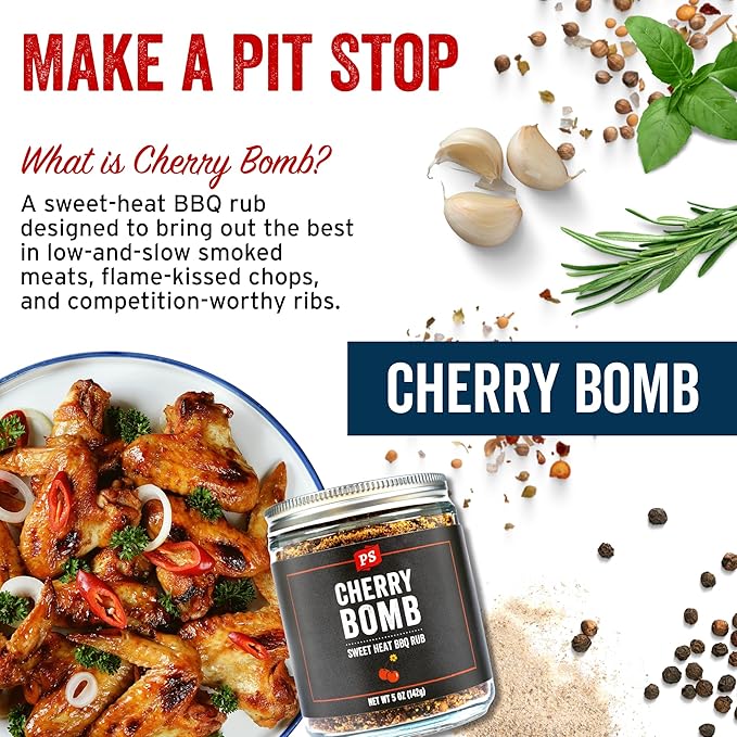 PS Seasoning Cherry Bomb Dry Rub - Sweet Heat BBQ Seasonings and Rubs for Smoking, Grilling, Baking - Smoky Cherry Rub - BBQ Rubs and Spices for Grilling Ribs, Pulled Pork, Chops, Salmon, Wings, 5oz
