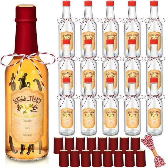 Tioncy 16 Pcs Vanilla Extract Bottles for Homemade Vanilla Jar Glass Bottle with Cap, Shrink Band, Sticker Syrup Gift Food Storage Canister for Bean Sauce Spice(Red,8.5 oz)