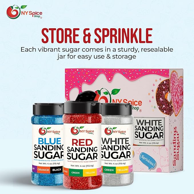 NY Spice Shop Red-White-Blue Sanding Sugar - Sweet Colorful Edible Sprinkles for Candy Dishes, Cake Decorating, and Dessert Displays - 4 Ounce (Pack of 3)