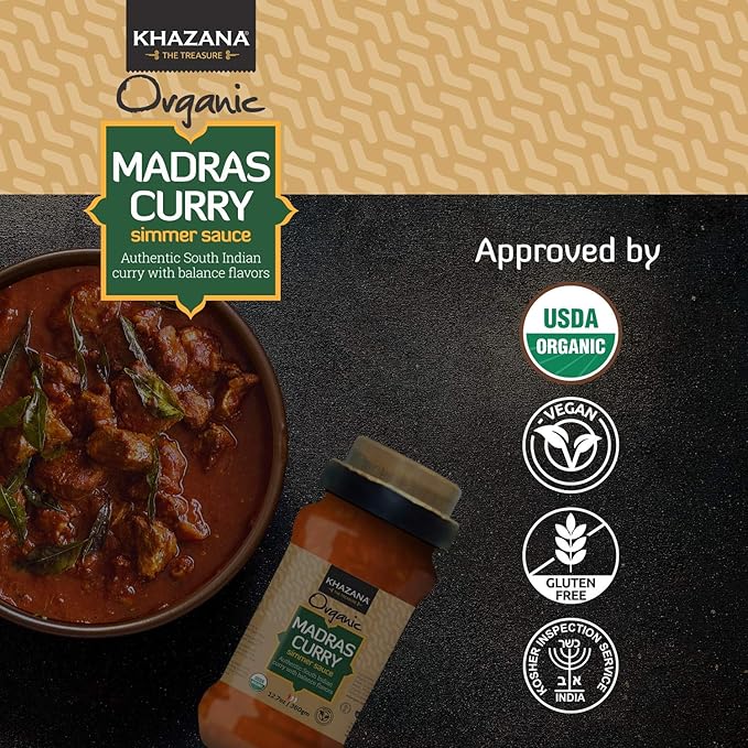 Khazana ORGANIC Madras Curry Indian Simmer Sauce - 6 x 12.7oz Jars | Non-GMO, Vegan, Gluten Free, Kosher | Authentic Indian Meals Made Easy at Home!