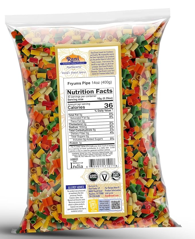 Rani Far Far/Fryums (Wheat & Tapioca Pellet) Round/Pipe Shape 14oz (400g) ~ Vegan, Kosher, Uncooked, Used to Make Papad, Bhungra/Chip Snack