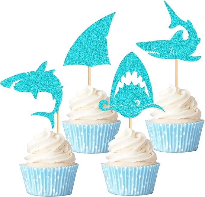24 PCS Glitter Shark Cupcake Toppers Ocean Themed Party Shark Cake Decorations Baby Shower Birthday Party Decorations