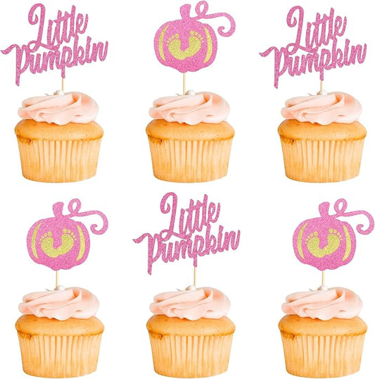 24Pcs Little Pumpkin Cupcake Toppers - Baby Shower Cake Decorations - Baby Feet Pumpkin Cupcake Picks for Thanksgiving, Halloween, Kids Birthday Parties - Pink Glitter