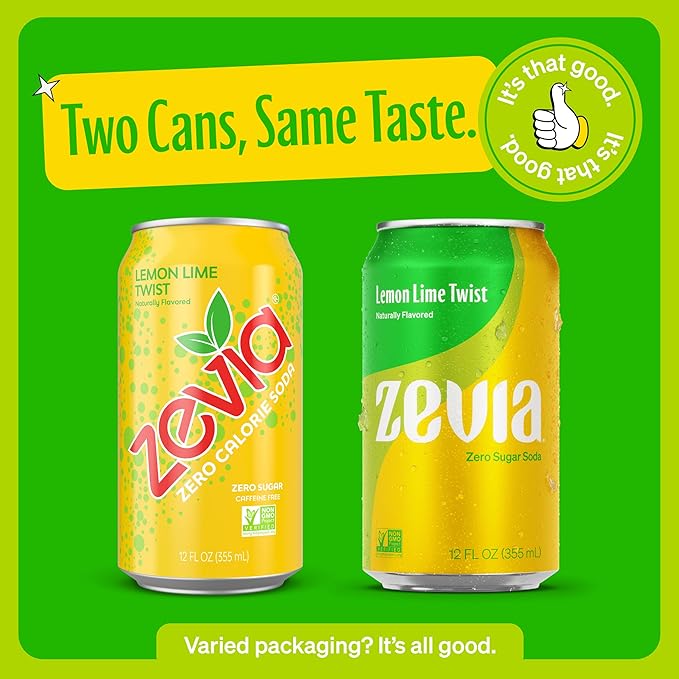 Zevia Zero Sugar Soda, Lemon Lime Twist, 12 oz Cans (24-Pack) ??Naturally Sweetened, Non-GMO Project Verified, Gluten-Free, Vegan