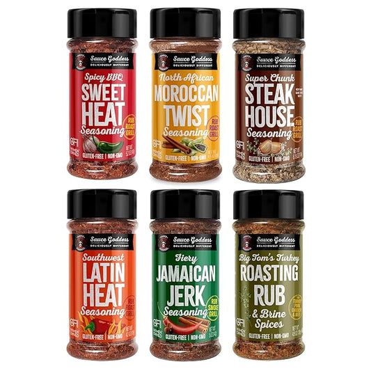 Sauce Goddess - Spice 6-Pack Sampler - Seasonings & Spices Gift Set, No Additives, Non-GMO, Gluten-Free, Shaker Set (6 pcs)