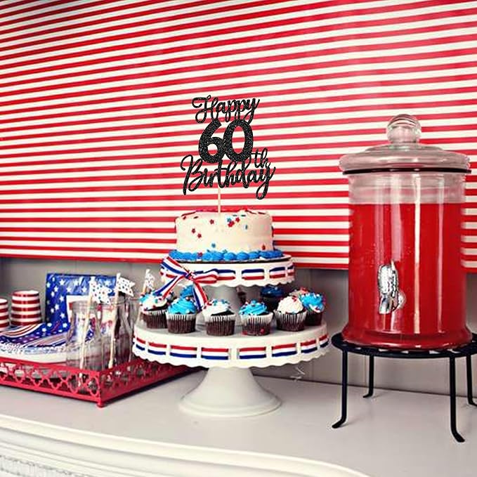 1 PCS Happy 60th Birthday Cake Topper Glitter Cheers to 60 Years Birthday Cake Pick Sixty Hello 60 Fabulous Cake Decoration for Happy 60th Birthday Anniversary Party Decorations Supplies Black
