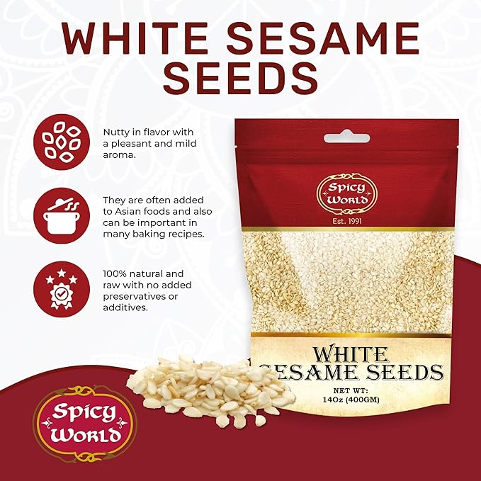 White Sesame Seeds 14oz Bag - Natural, Raw, Hulled - By Spicy World
