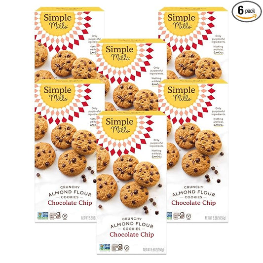 Simple Mills Almond Flour Crunchy Cookies, Chocolate Chip - Gluten Free, Vegan, Healthy Snacks, Made with Organic Coconut Oil, 5.5 Ounce (Pack of 6)