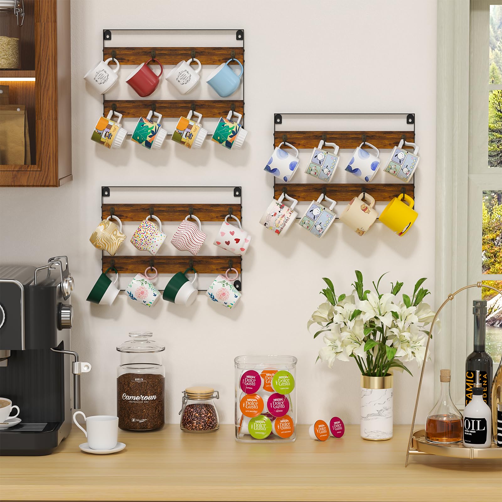 Rustic Wood Coffee Mug Rack - Wall Mount Cup Holder Shelf Storage for Kitchen, Home, Bar, Office (4