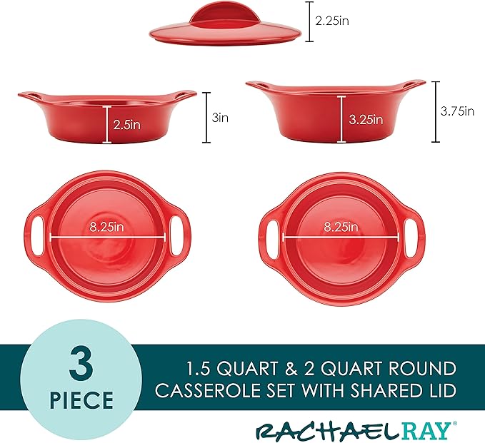 Rachael Ray Solid Glaze Ceramics Casserole Bakers/Baking Dish with Shared Lid Set, 3 Piece, Red