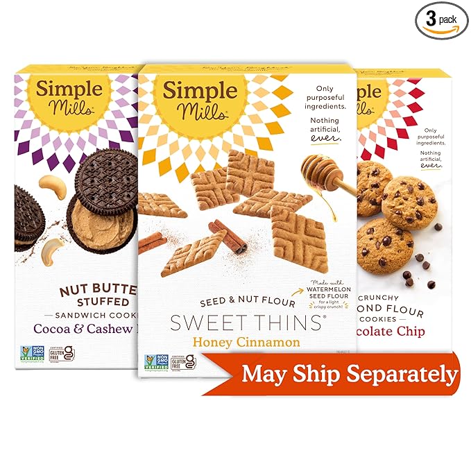 Simple Mills Sweet Thins Cookies Seed and Nut Flour Honey Cinnamon, Simple Mills Almond Flour Crunchy Cookies Chocolate Chip, and Simple Mills Cocoa Cashew Crème Sandwich Cookies (Pack of 3)