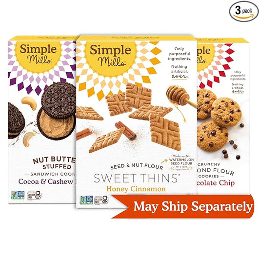 Simple Mills Sweet Thins Cookies Seed and Nut Flour Honey Cinnamon, Simple Mills Almond Flour Crunchy Cookies Chocolate Chip, and Simple Mills Cocoa Cashew Crème Sandwich Cookies (Pack of 3)