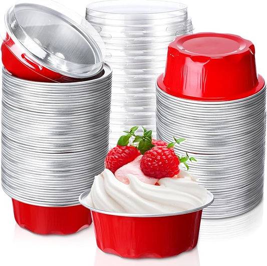Eaasty 150 Pcs Baking Cups with Lids, 1.6 oz Muffin Cupcake Liners Aluminum Foil Mini Cake Pans Small Disposable Ramekins Flan Containers with Lids for Christmas, Birthday, Various Holiday(Red)