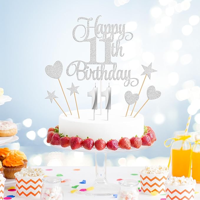 11th Birthday Cake Decorations, 11th Birthday Candles Cake Numeral Candles and Glitter Happy 11th Birthday Cake Toppers Set for Birthday Party Supplies (Silver)