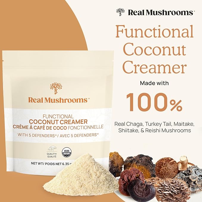 Real Mushrooms Functional Coconut Creamer with Reishi, Lucuma & Ceylon Cinnamon ??Organic, Dairy-Free ??Vegan Coffee Creamer for Smoothies & Drinks ??90 Servings Organic Cream Coconut Powder