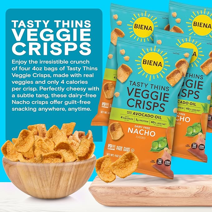 BIENA Tasty Thins Veggie Crisps ??Made with Avocado Oil - Nacho, 4-Pk 4oz Bags ??Chickpeas & Veggies, Vegan, Gluten Free, Dairy-Free, Non-GMO, Allergy-Friendly, Healthy Snacks for Adults & Kids