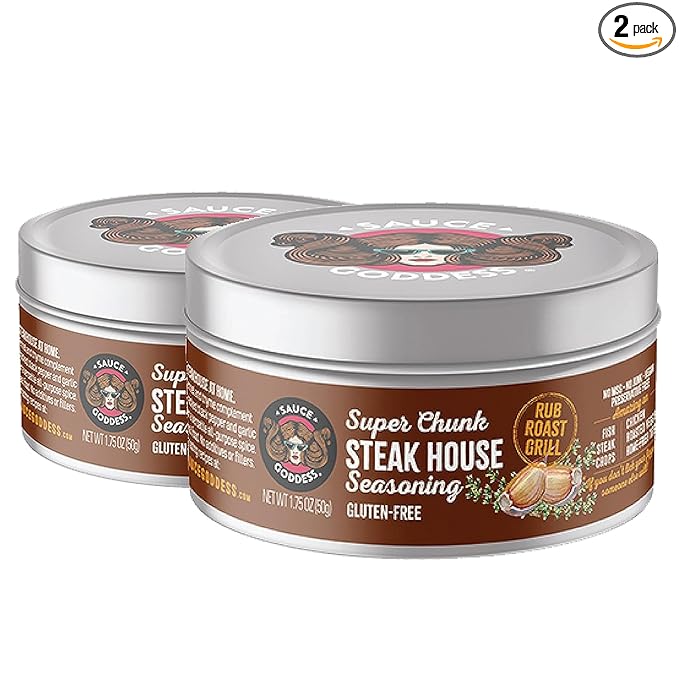 Sauce Goddess - Super Chunk Steakhouse Seasoning (2 Tin Cans) - No Sugar, Additives, Vegan, Gluten-Free, Perfect for Meat, Chops & More - 1.75g Each