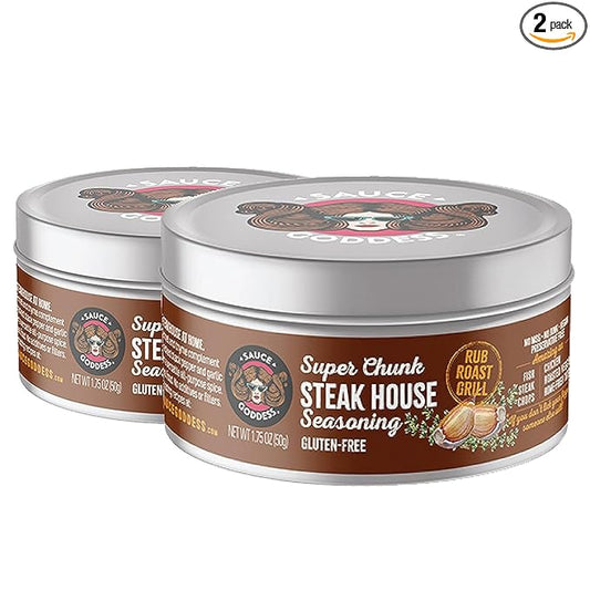 Sauce Goddess - Super Chunk Steakhouse Seasoning (2 Tin Cans) - No Sugar, Additives, Vegan, Gluten-Free, Perfect for Meat, Chops & More - 1.75g Each